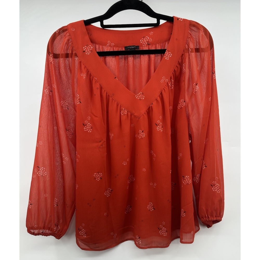 Ann Taylor Factory Blouse Women's L Excellent Floral Long Sleeve V-neck Orange